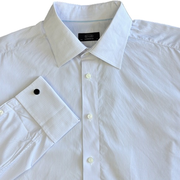 ETON French Cuffs Dress Shirt Mens 17.5 44 Pink Blue Striped Lightweight